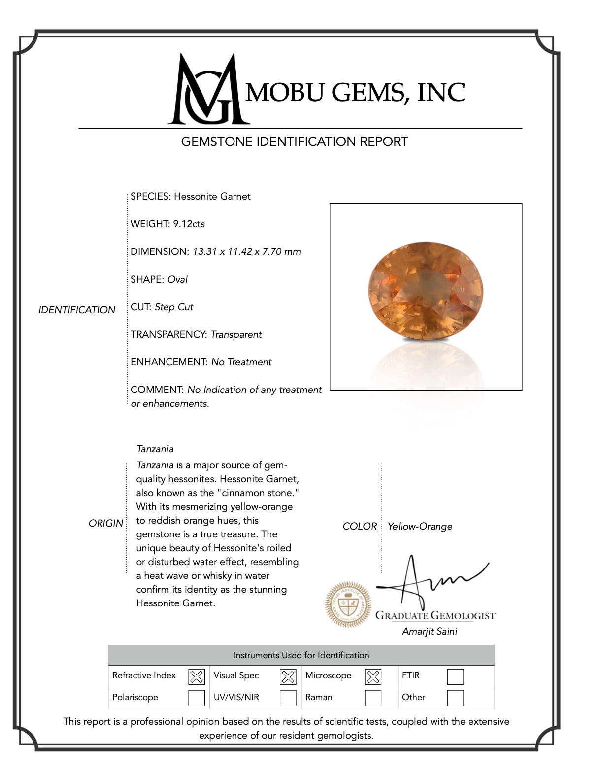 Natural Hessonite Garnet 9.12 Carats