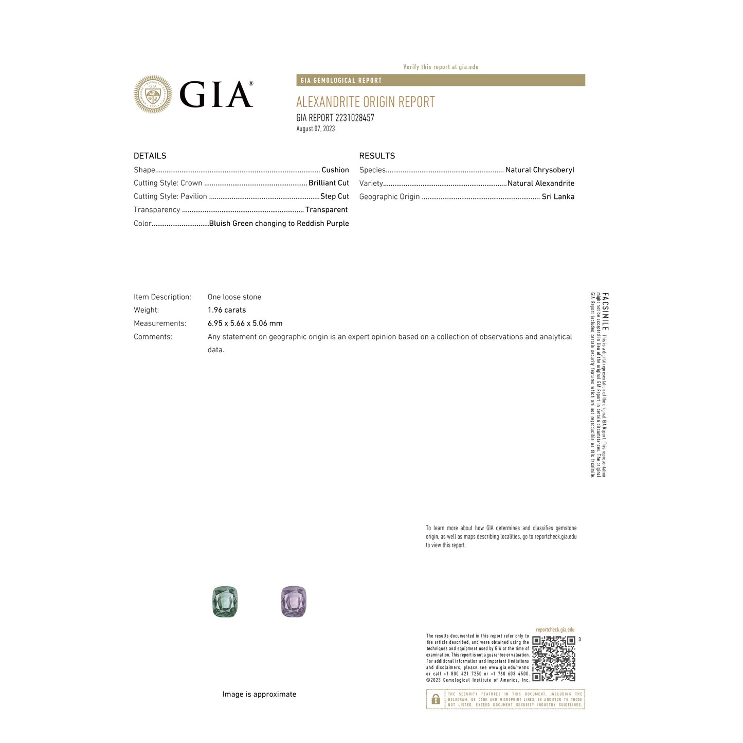 Natural Alexandrite 1.96ct With GIA Report Sri Lanka Origin