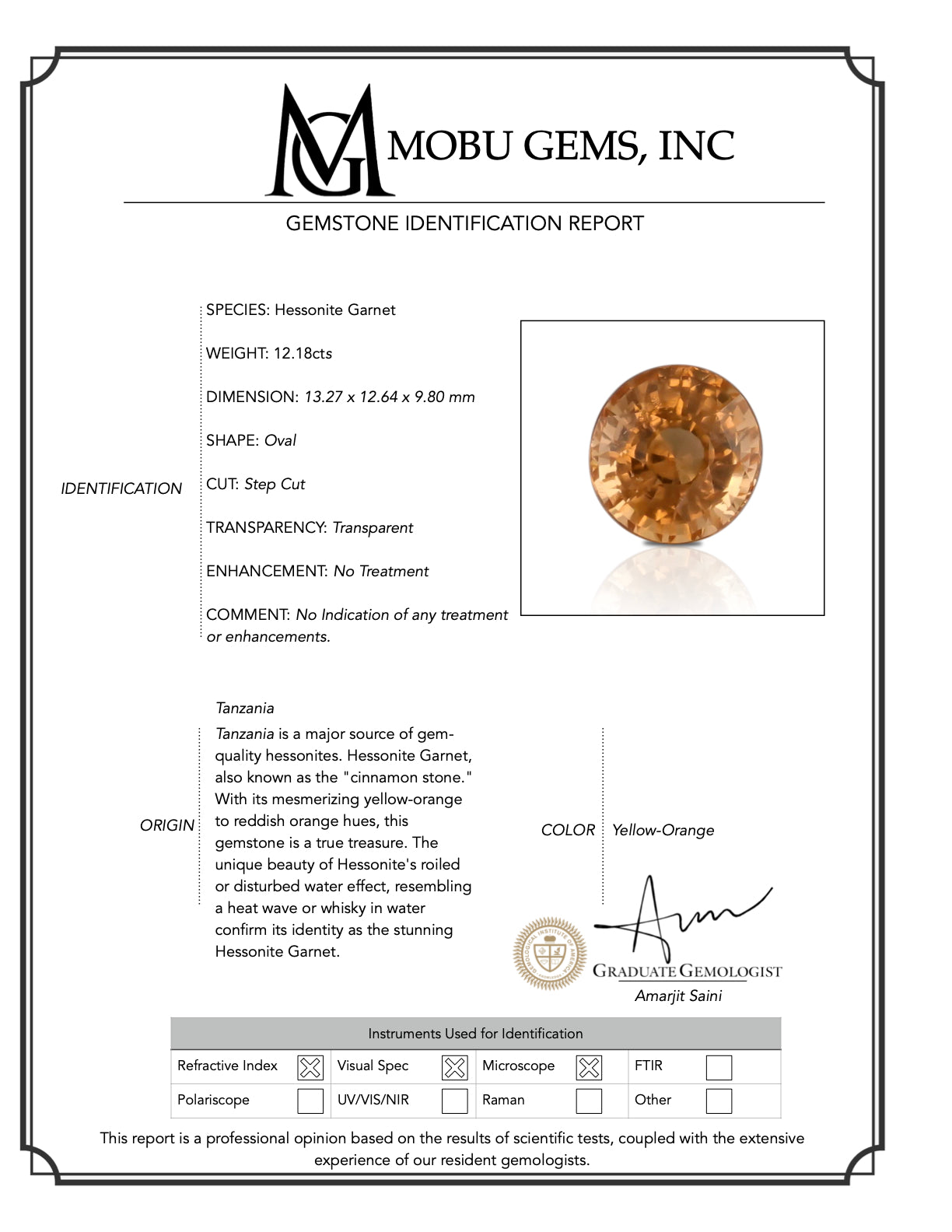 Natural Hessonite Garnet 12.18 Carats