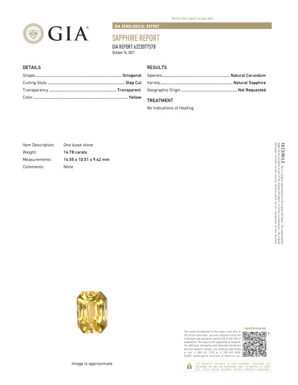 Natural Yellow Sapphire 14.78 Carats With GIA Report