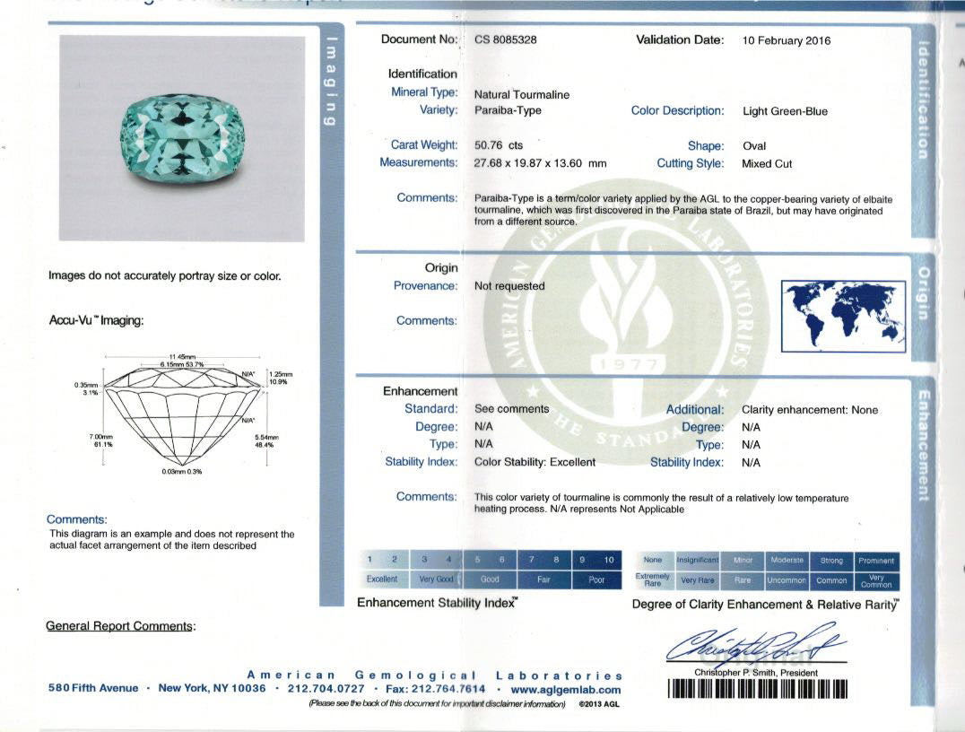 Natural Unheated Paraiba Tourmaline 50.76 Carats With AGL Report