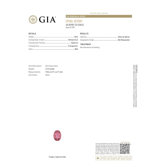Natural Red Spinel 2.12cts With GIA Report