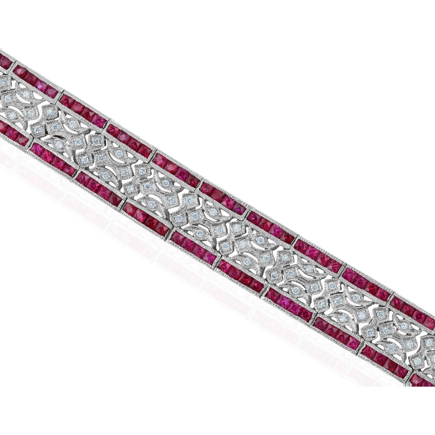 Natural Rubies 11 Carats Set in 18K White Gold and Diamond French Style Bracelet