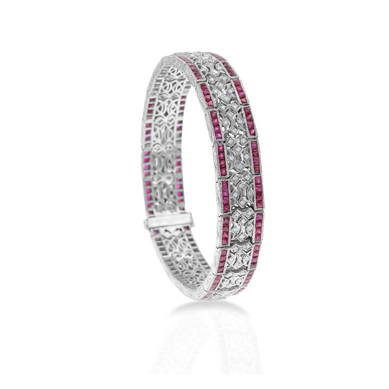 Natural Rubies 11 Carats Set in 18K White Gold and Diamond French Style Bracelet