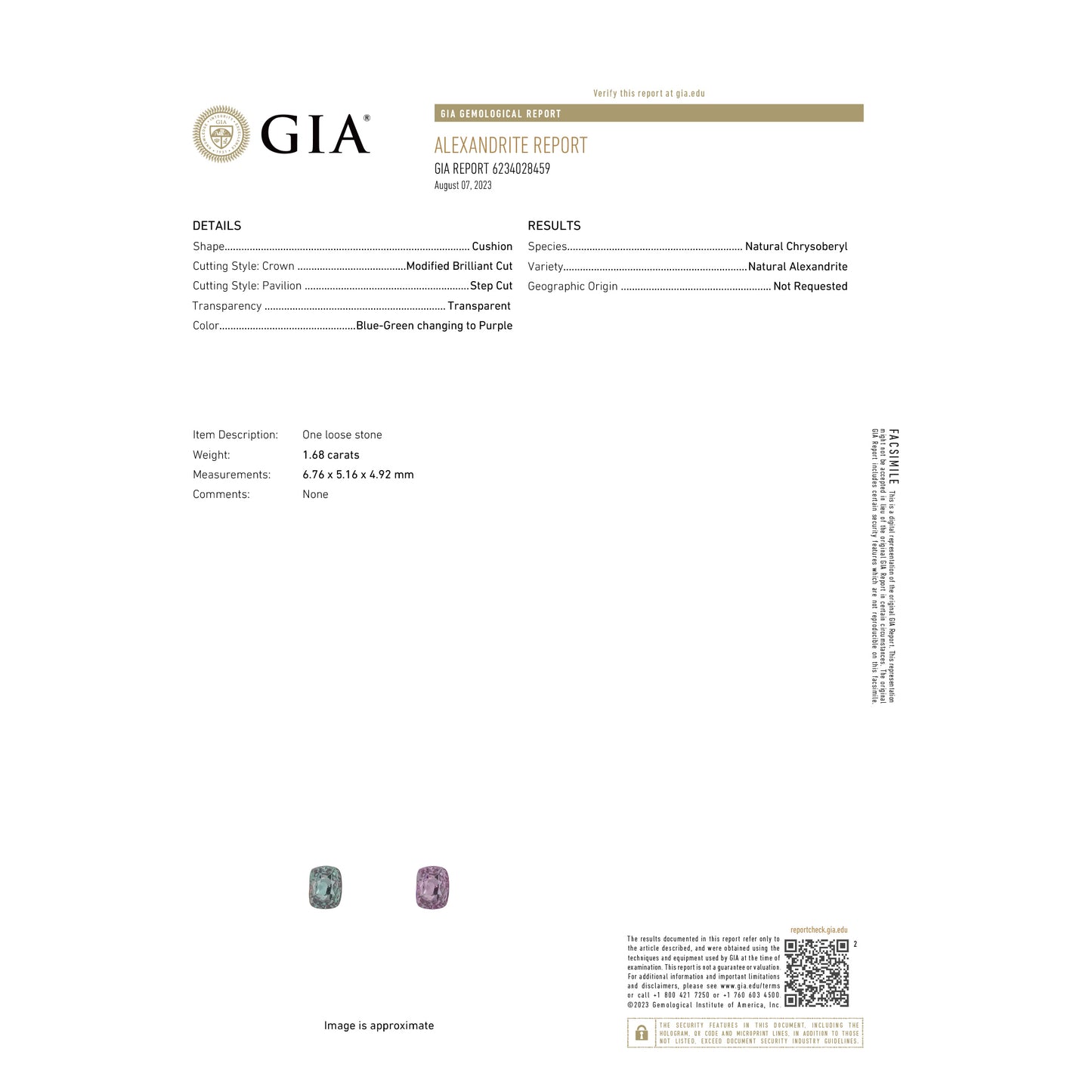 Natural Alexandrite 1.68ct With GIA Report Origin Sri Lanka