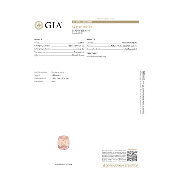 Natural Padparadscha Sapphire 3.30ct With GIA Report