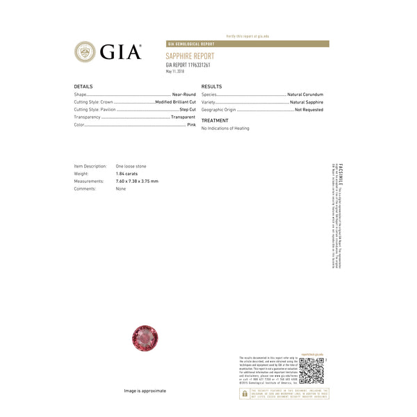 Natural Unheated Pink Sapphire 1.84 Carats With GIA Report