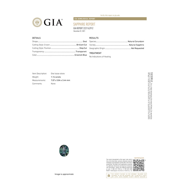 Natural Unheated Greenish Blue Sapphire 1.14 Carats With GIA Report