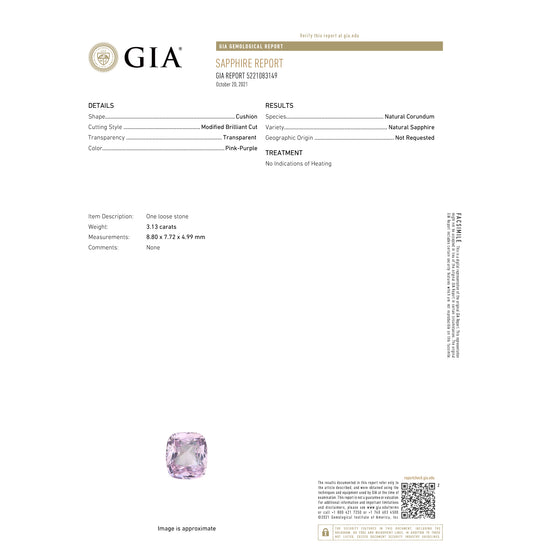 Natural Unheated Purplish Pink Sapphire 3.13 Carats With GIA Report