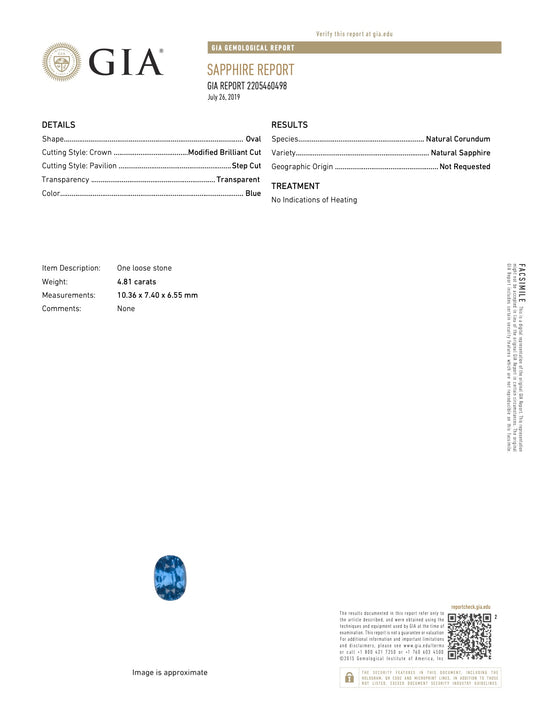 Natural Unheated Blue Sapphire Oval Shape 4.81ct With GIA Report