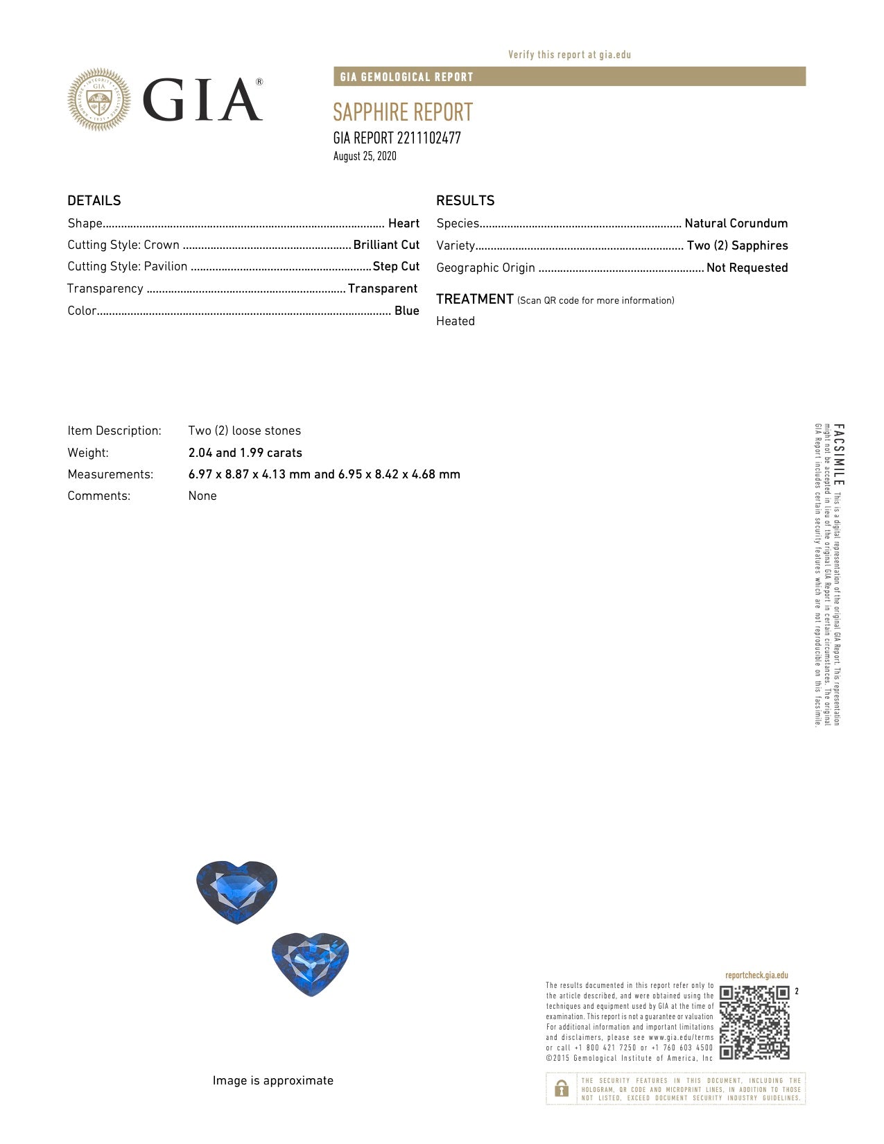 Natural Blue Sapphire Pair Heart Shape 4.03 Total Carat Weight With GIA Report
