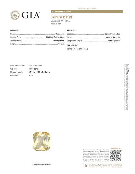 Natural Unheated Yellow Sapphire 11.52 Carats With GIA Report