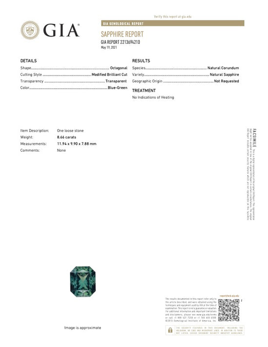 Natural Unheated Blue Green Sapphire 8.66 Carats With GIA Report