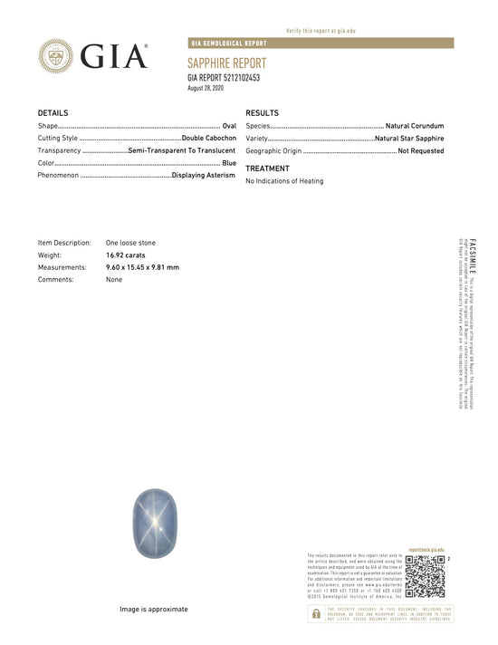 Natural Unheated Blue Star Sapphire 16.92 Carats With GIA Report