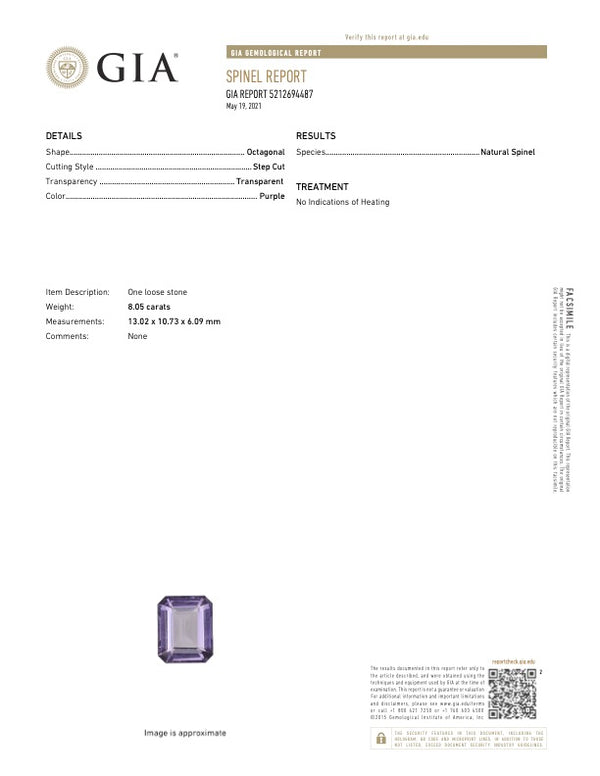 Natural Unheated Purple Spinel 8.05 Carats With GIA Report