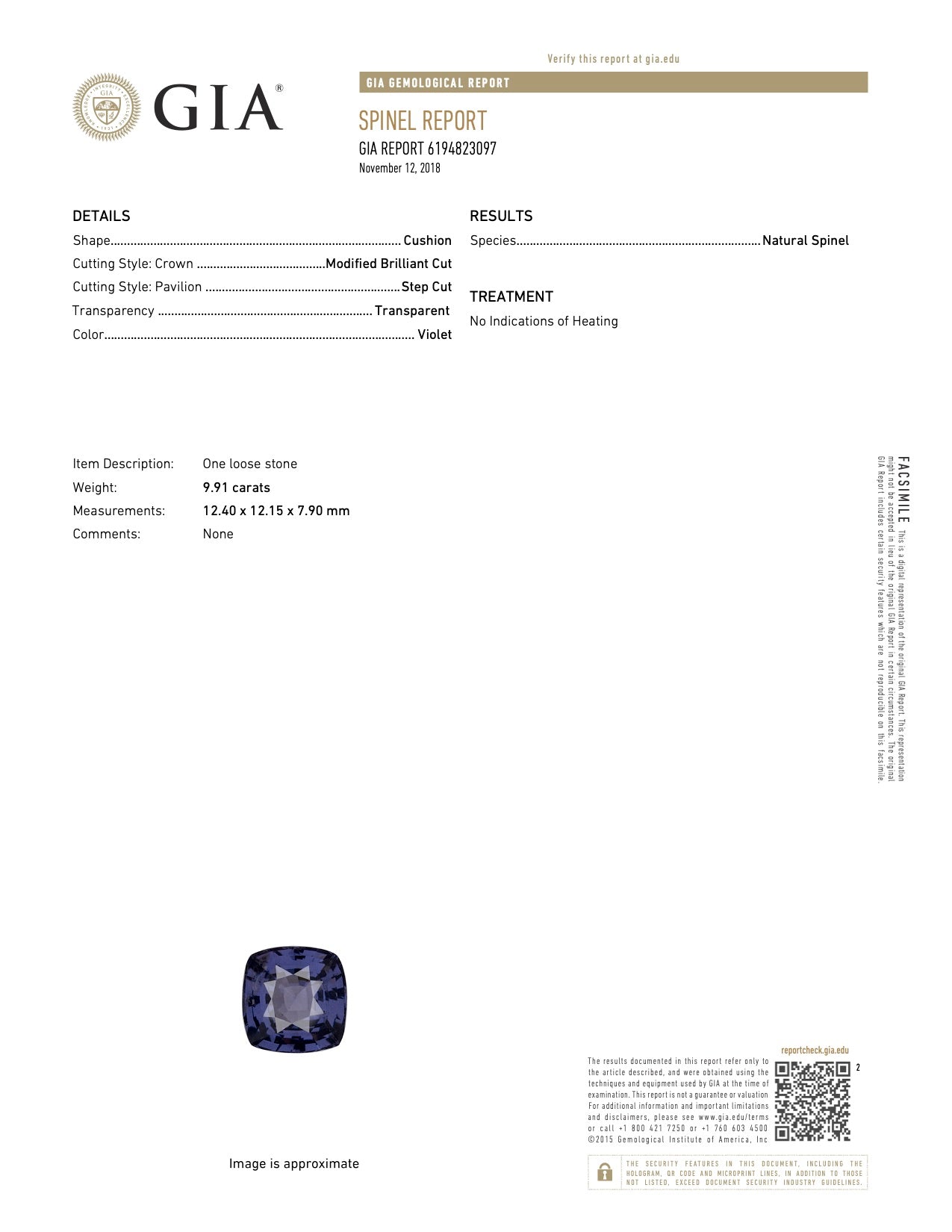 Natural Unheated Violet Spinel Cushion Shape 9.91 Carats With GIA Report
