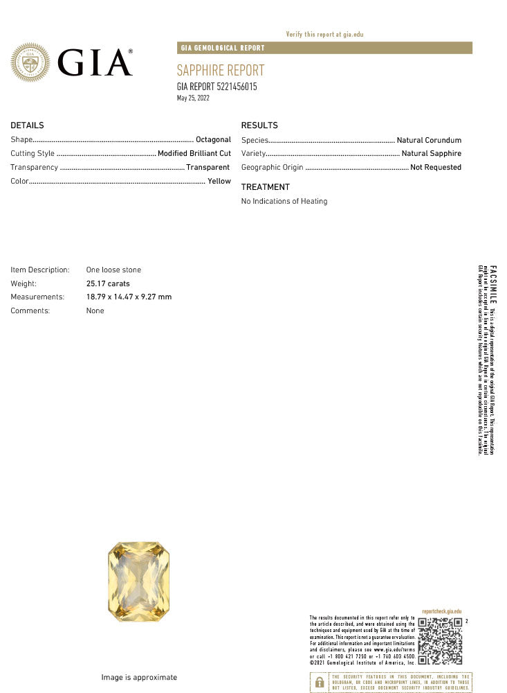 Natural Yellow Sapphire 25.17 Carats With GIA Report