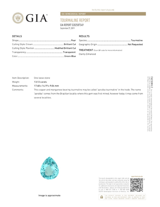 Load image into Gallery viewer, Natural Paraiba Tourmaline 13.13ct  With GIA Report
