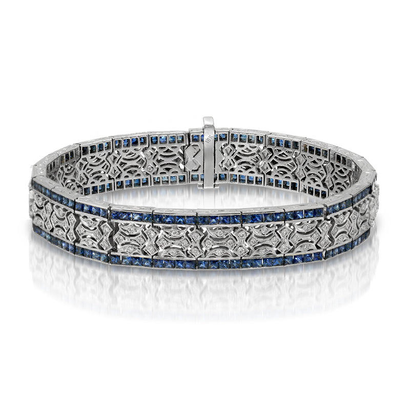 Natural Blue Sapphire 11 Carats Set in 18K White Gold and Diamond French Style Bracelet