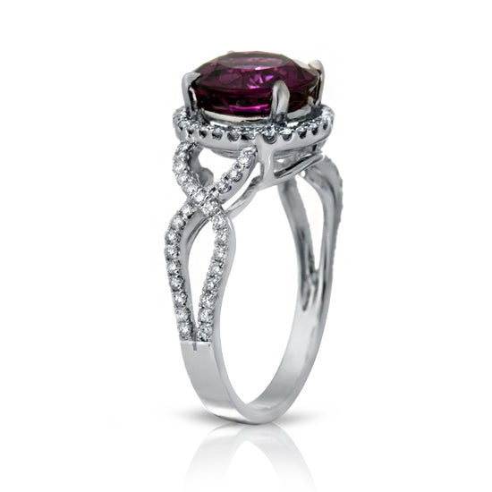 Natural Purple Garnet 3.28 Carats Set in 18K White Gold Ring with Diamonds