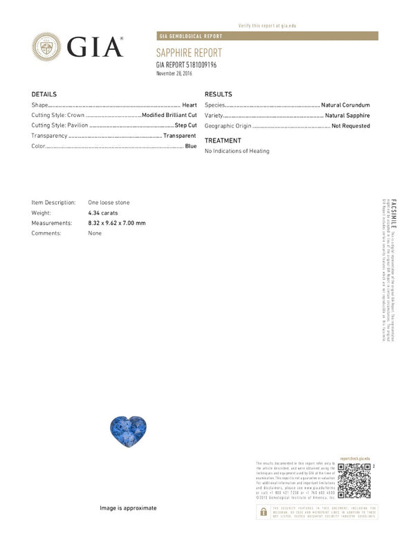 Natural Unheated Blue Sapphire Heart Shape 4.34 Carats With GIA Report