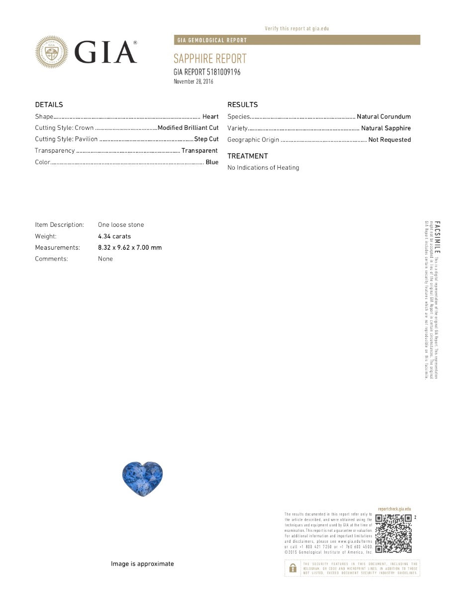 Natural Unheated Blue Sapphire Heart Shape 4.34 Carats With GIA Report