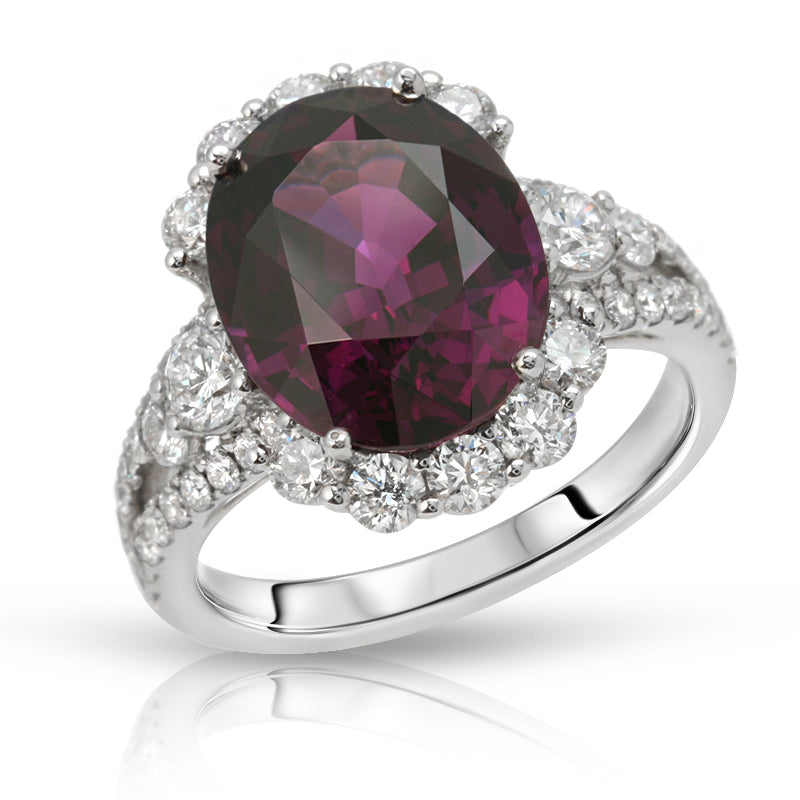 Natural Purple Garnet 7.32 Carats Set in 18K White Gold Ring with Diamonds