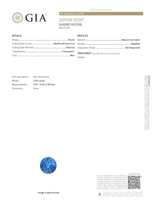 Natural Heated Blue Sapphire Round Shape 5.04 Carats With GIA Report