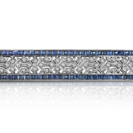 Natural Blue Sapphire 11 Carats Set in 18K White Gold and Diamond French Style Bracelet