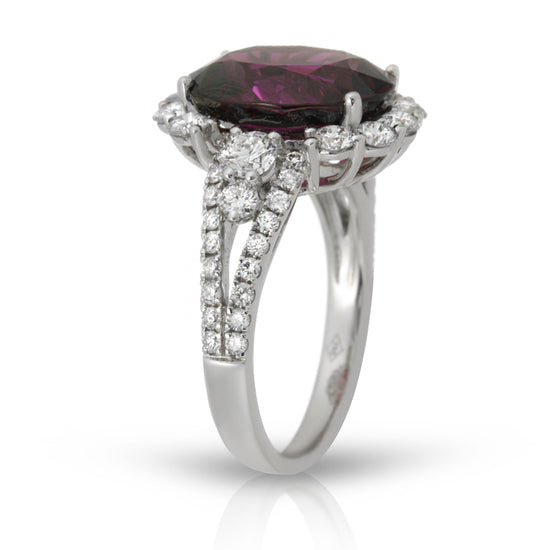 Natural Purple Garnet 7.32 Carats Set in 18K White Gold Ring with Diamonds